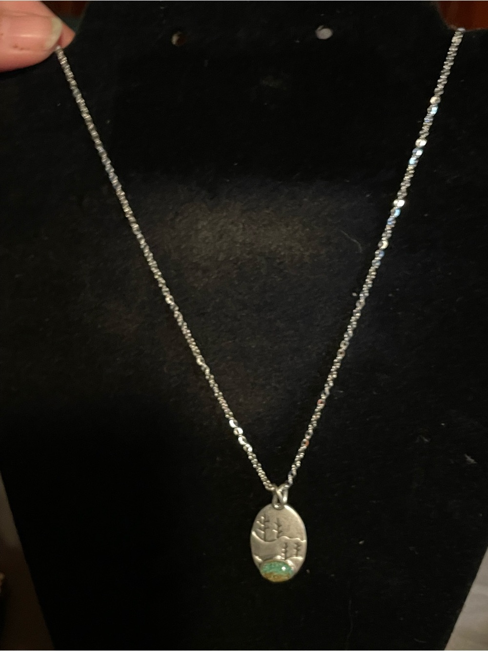 Silver Oval Pendant Necklace with Turquoise Accent Adjustable Chain